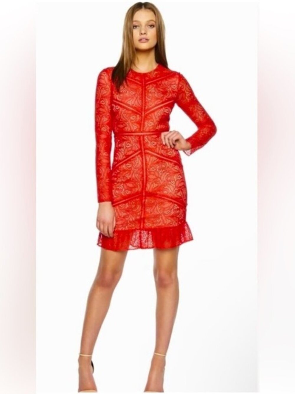 Bardot Sasha Long Sleeve Lace Mini Dress in Fire Red - (FSH-001)